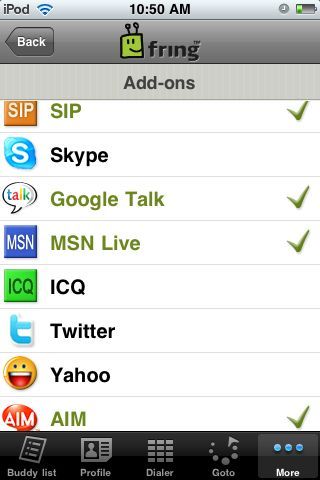Fring connected accounts screen