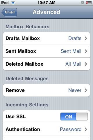 iPod touch Gmail settings screen
